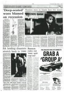A copy of a page of ‘The Advertiser’ newspaper published on page 6 on 11 February 1991. The news articles headlined “How SA will fund the rescue” refers to SBSA Chairman (also BFC & “Off Balance Sheet” ‘Kabani’ Director) David Simmons’ appointment “A State Bank advisory group” to “supervise the work necessary to ensure the structure and operation of the bank is correct.      
