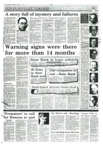 A copy of a page of ‘The Advertiser’ newspaper published on page 6 on 11 February 1991 that still exists within the fake records of Australian newspapers published that Australian state and national public libraries fraudulently sell as archives of newspapers published. The news article headlined “Warning signs were there for more than 14 months” refers to news articles previously published regarding the changing SBSA valuation of its “Off Balance Sheet” companies.   Those news articles have been erased from the false records sold as archives of newspapers published.